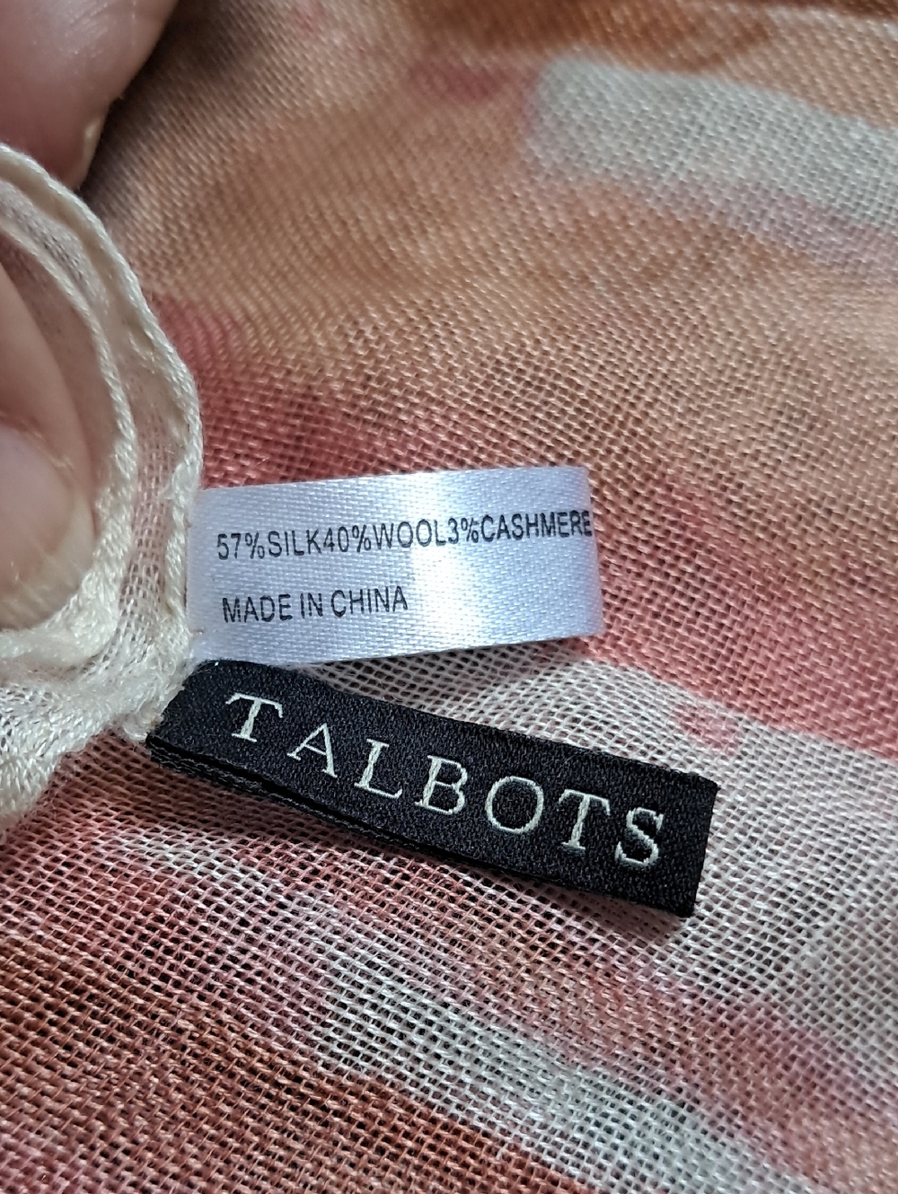 Talbots Blush and Cream Floral Lightweight Scarf with Fringe Silk Wool Cashmere - Picture 8 of 8